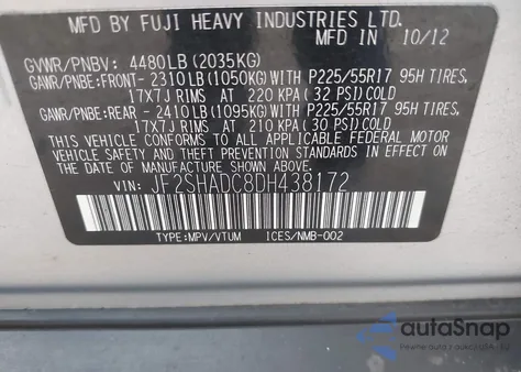 2013 Subaru Forester 2.5X Premium z USA, uszkodzony, nr VIN JF2SHADC8DH438172